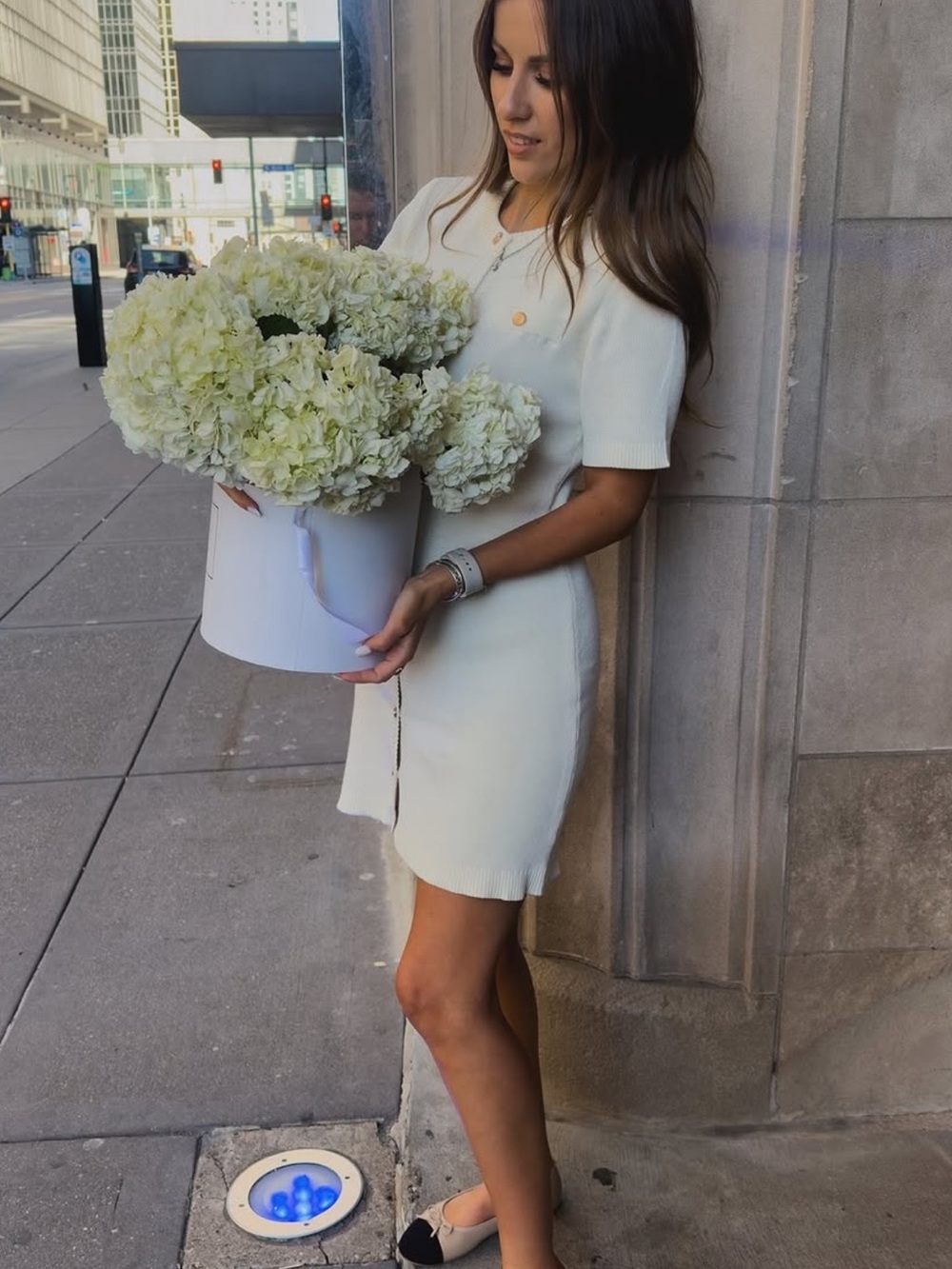 Cream Short-Sleeve Knit Dress with Front Button Detail